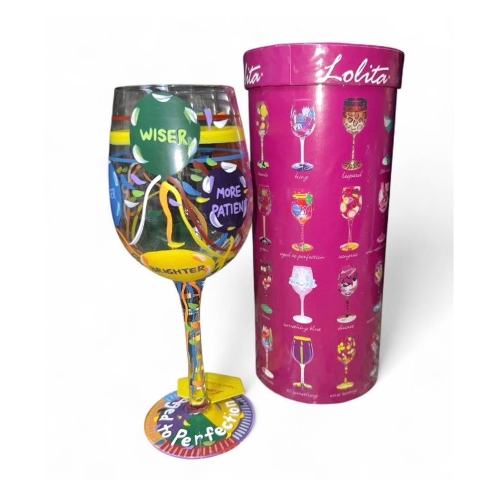 Lolita Aged to Perfection Hand Painted Wine Glass 15 oz Recipe Bottom Gift Boxed